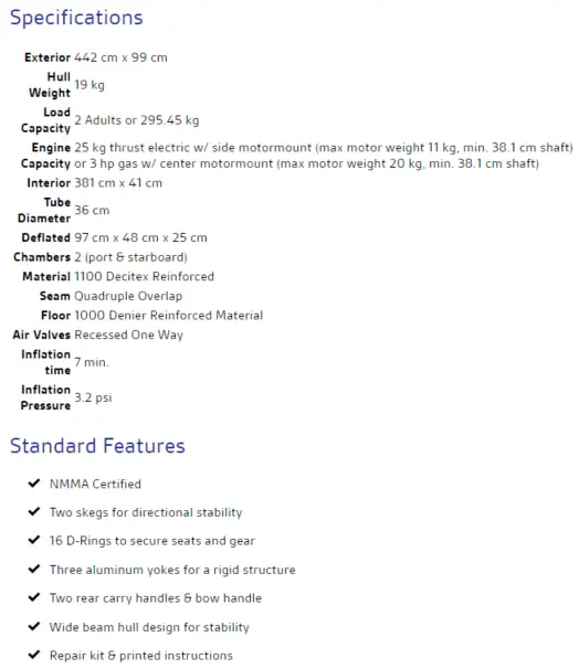 Sea Eagle 435PS specifications